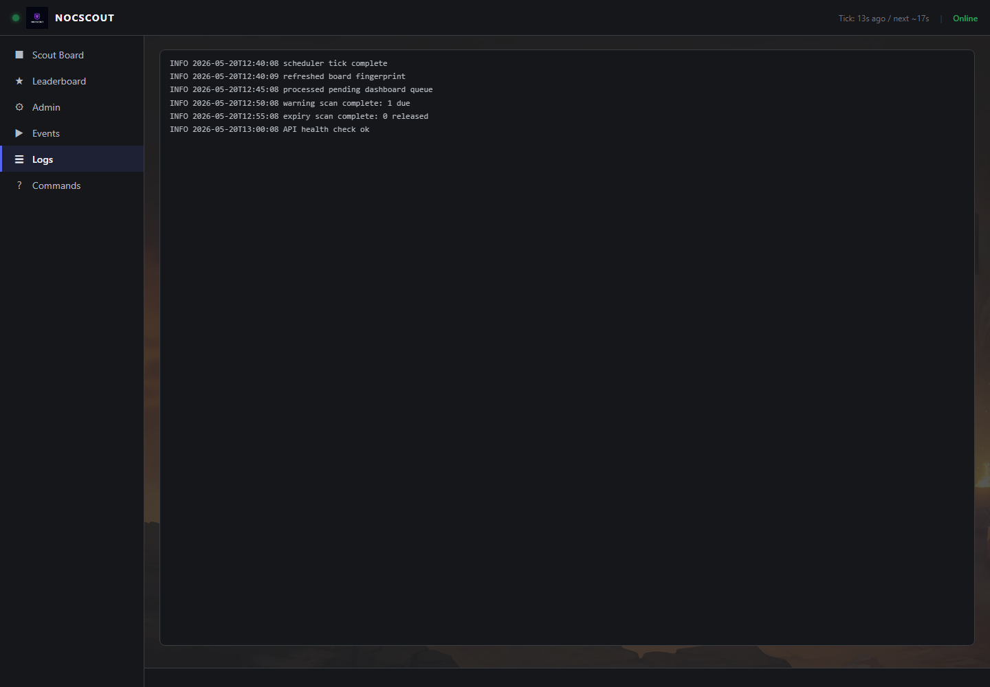Operational log view with timing and status messages